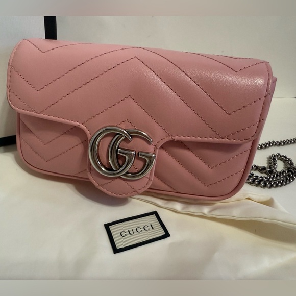 Gucci GG Marmont Super Mini Leather Crossbody In Pink/ Silver - Picture 5 of 16